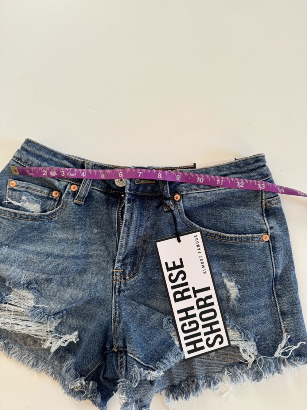 Frayed Hem Distressed Denim Shorts - Blue 1 - Picture 5 of 6